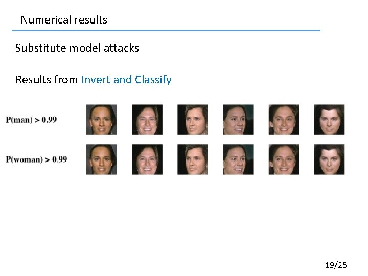 Numerical results Substitute model attacks Results from Invert and Classify 19/25 