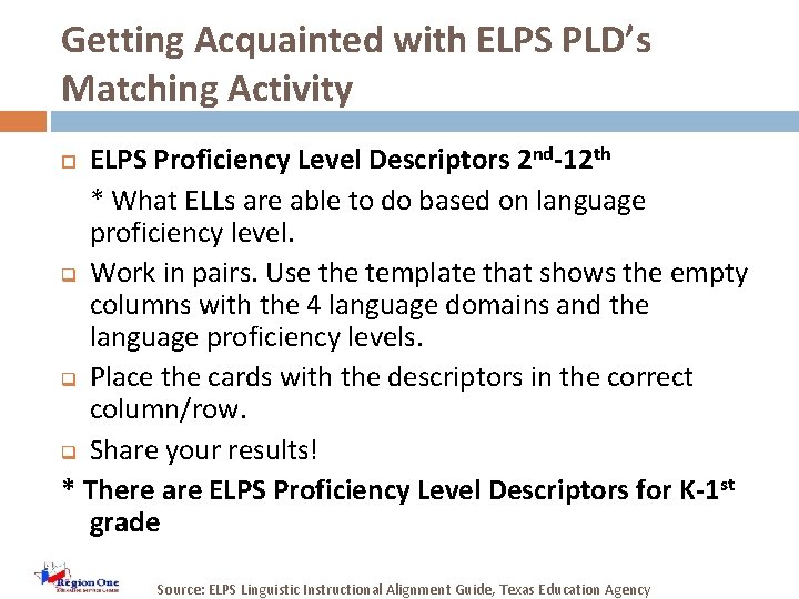 Getting Acquainted with ELPS PLD’s Matching Activity ELPS Proficiency Level Descriptors 2 nd-12 th
