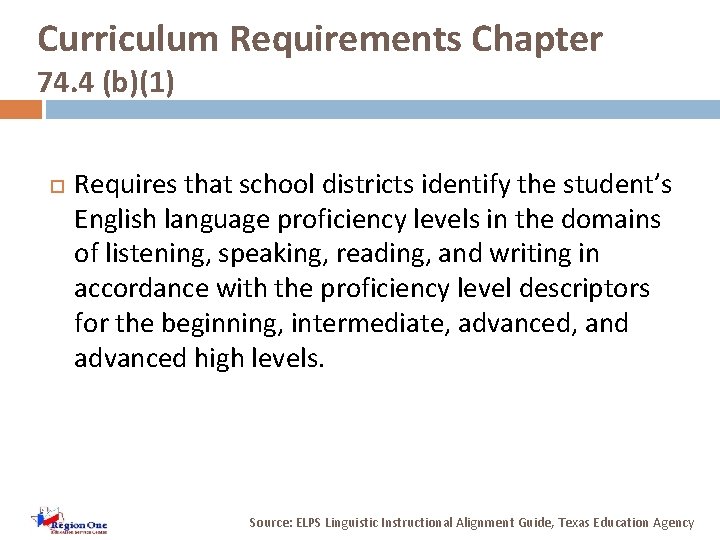 Curriculum Requirements Chapter 74. 4 (b)(1) Requires that school districts identify the student’s English