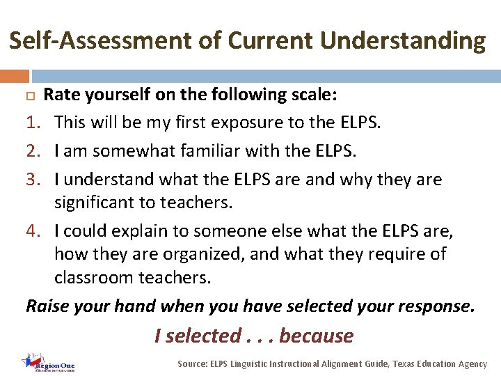 Self-Assessment of Current Understanding Rate yourself on the following scale: 1. This will be