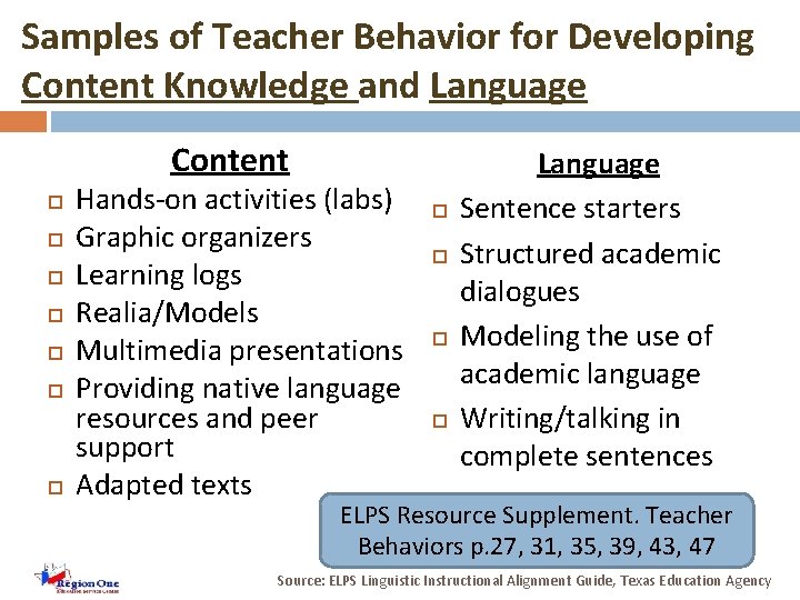 Samples of Teacher Behavior for Developing Content Knowledge and Language Content Hands-on activities (labs)