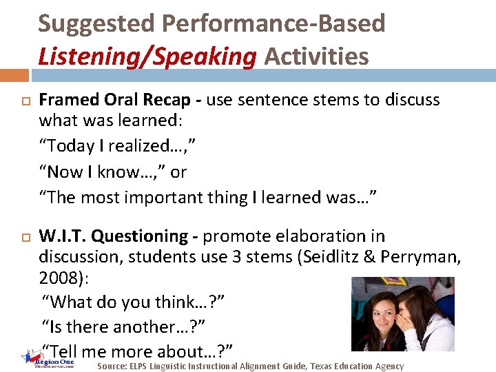 Suggested Performance-Based Listening/Speaking Activities Framed Oral Recap - use sentence stems to discuss what