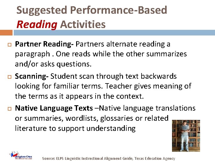 Suggested Performance-Based Reading Activities Partner Reading- Partners alternate reading a paragraph. One reads while