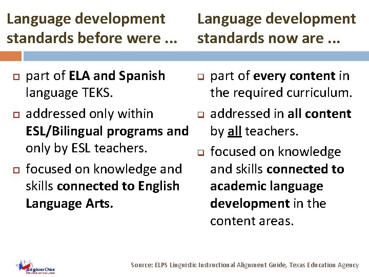 Language development standards before were. . . part of ELA and Spanish language TEKS.