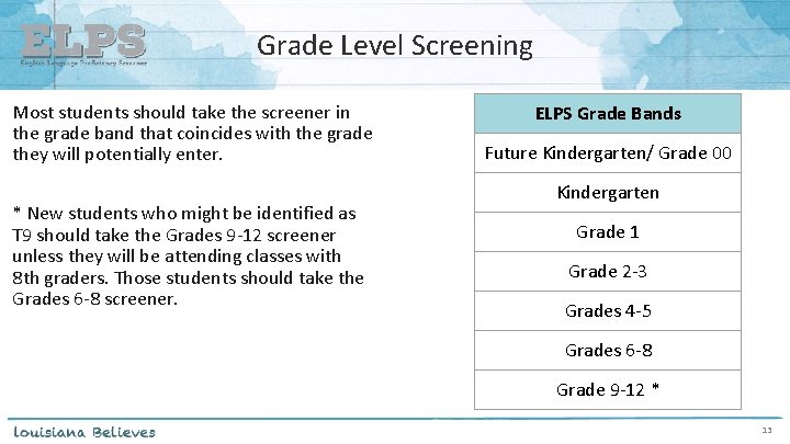 Grade Level Screening Most students should take the screener in the grade band that