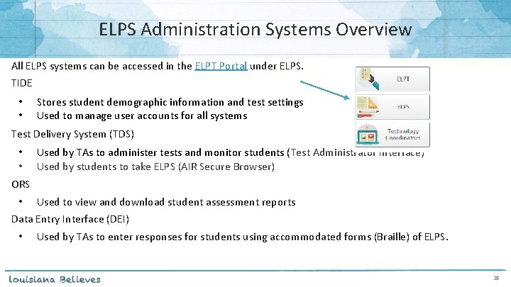 ELPS Administration Systems Overview All ELPS systems can be accessed in the ELPT Portal