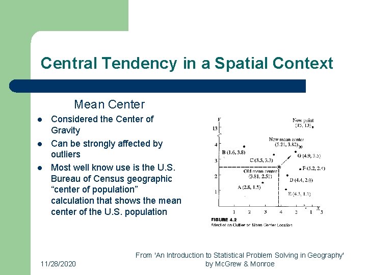 Central Tendency in a Spatial Context Mean Center l l l Considered the Center