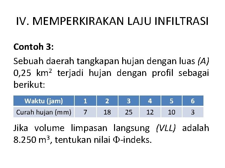 IV. MEMPERKIRAKAN LAJU INFILTRASI Contoh 3: Sebuah daerah tangkapan hujan dengan luas (A) 0,