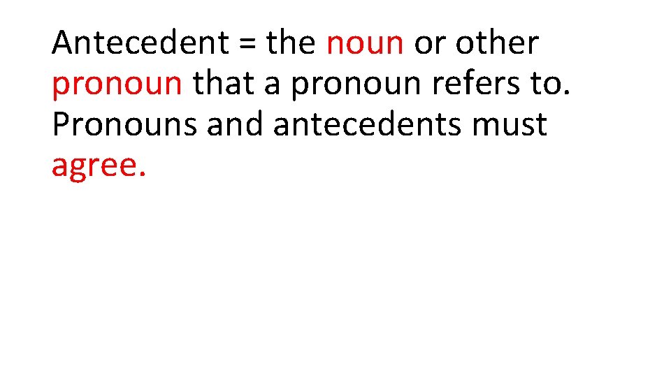 Antecedent = the noun or other pronoun that a pronoun refers to. Pronouns and