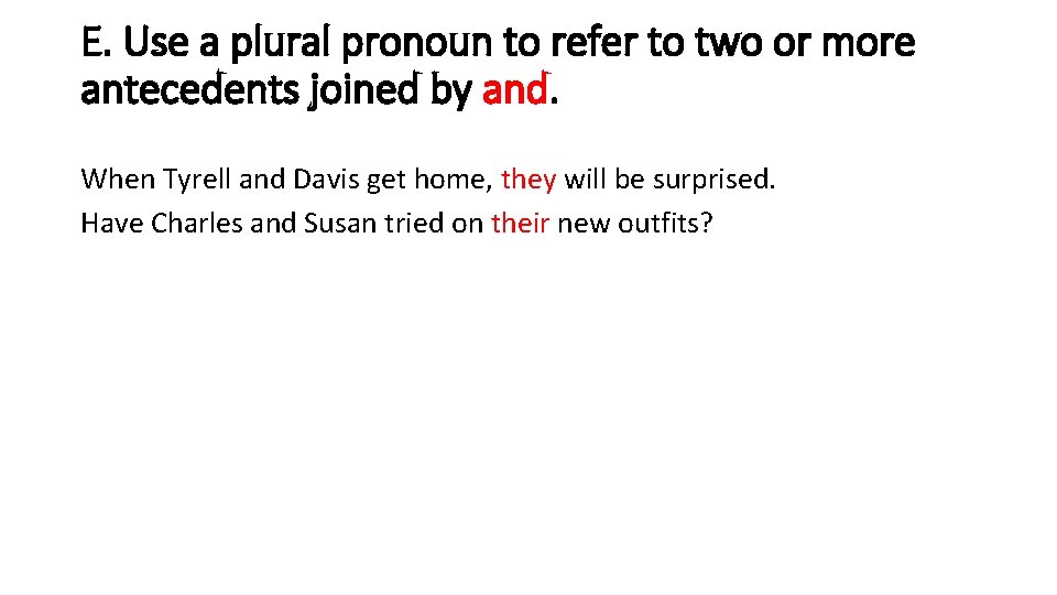 E. Use a plural pronoun to refer to two or more antecedents joined by