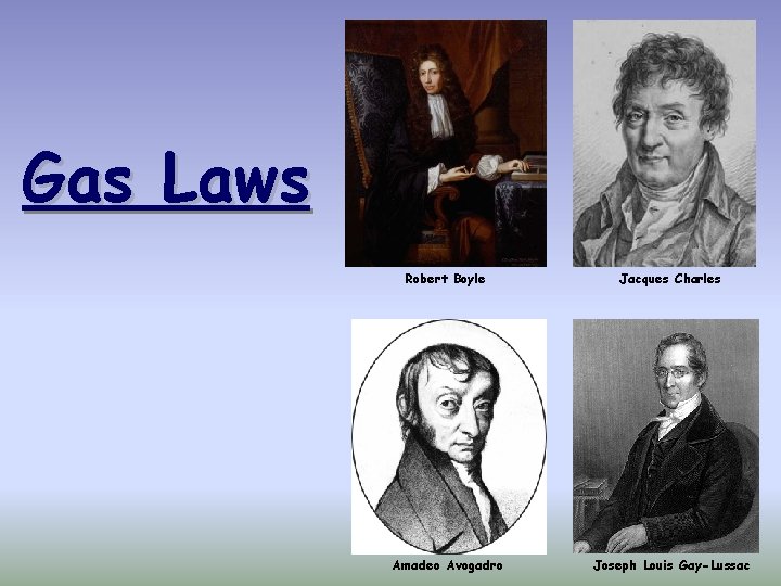 Gas Laws Robert Boyle Jacques Charles Amadeo Avogadro Joseph Louis Gay-Lussac 