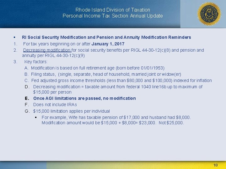 Rhode Island Division of Taxation Personal Income Tax Section Annual Update § RI Social