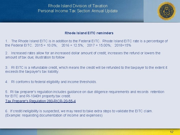 Rhode Island Division of Taxation Personal Income Tax Section Annual Update Rhode Island EITC