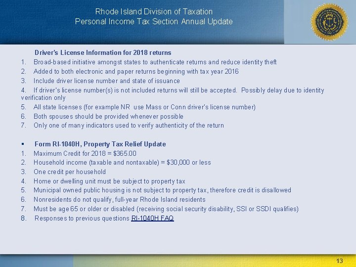 Rhode Island Division of Taxation Personal Income Tax Section Annual Update Driver’s License Information