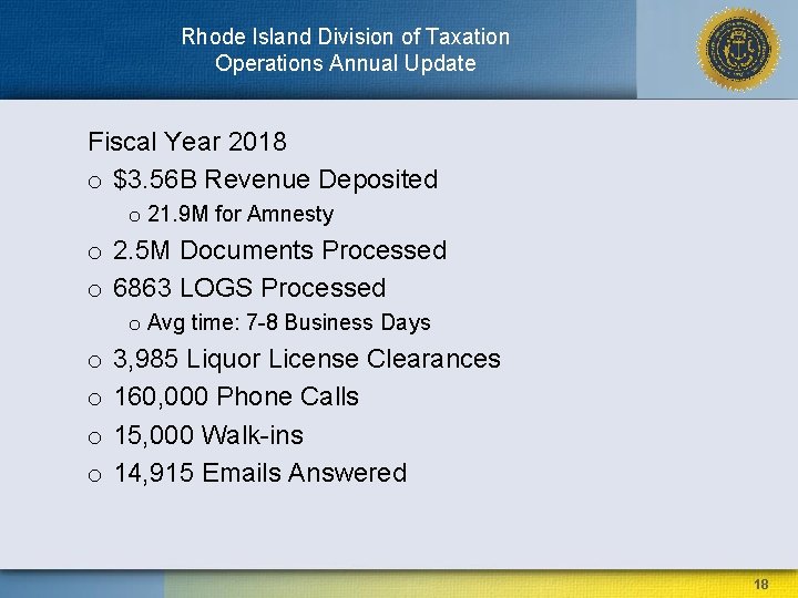 Rhode Island Division of Taxation Operations Annual Update Fiscal Year 2018 o $3. 56