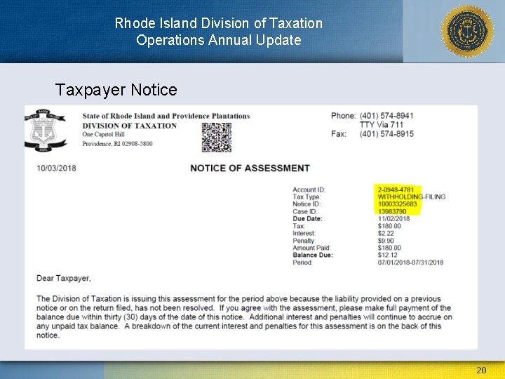 Rhode Island Division of Taxation Operations Annual Update Taxpayer Notice 20 