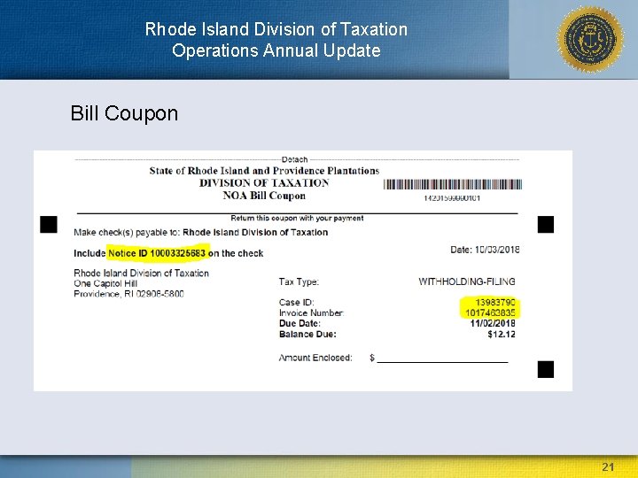 Rhode Island Division of Taxation Operations Annual Update Bill Coupon 21 