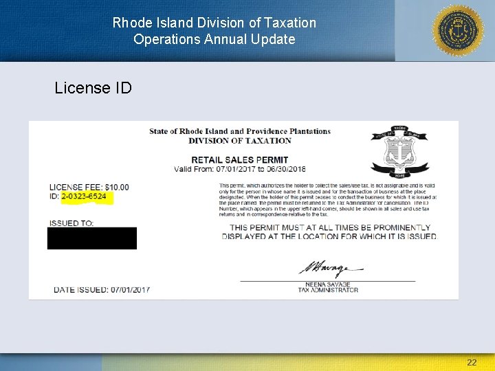 Rhode Island Division of Taxation Operations Annual Update License ID 22 