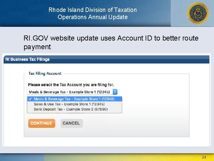 Rhode Island Division of Taxation Operations Annual Update RI. GOV website update uses Account