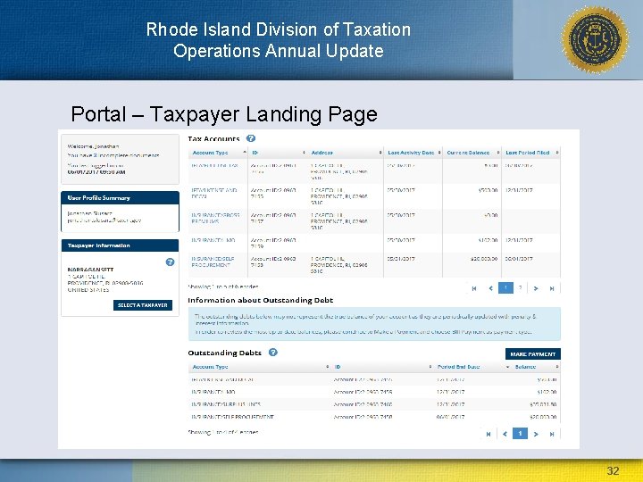 Rhode Island Division of Taxation Operations Annual Update Portal – Taxpayer Landing Page 32