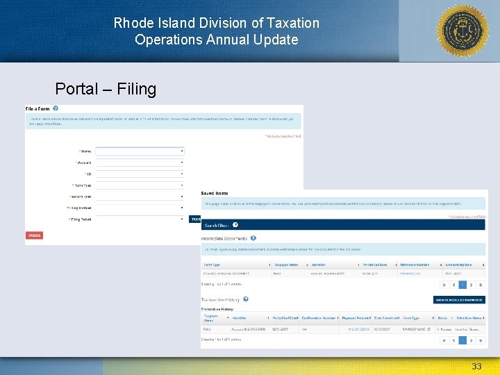 Rhode Island Division of Taxation Operations Annual Update Portal – Filing 33 