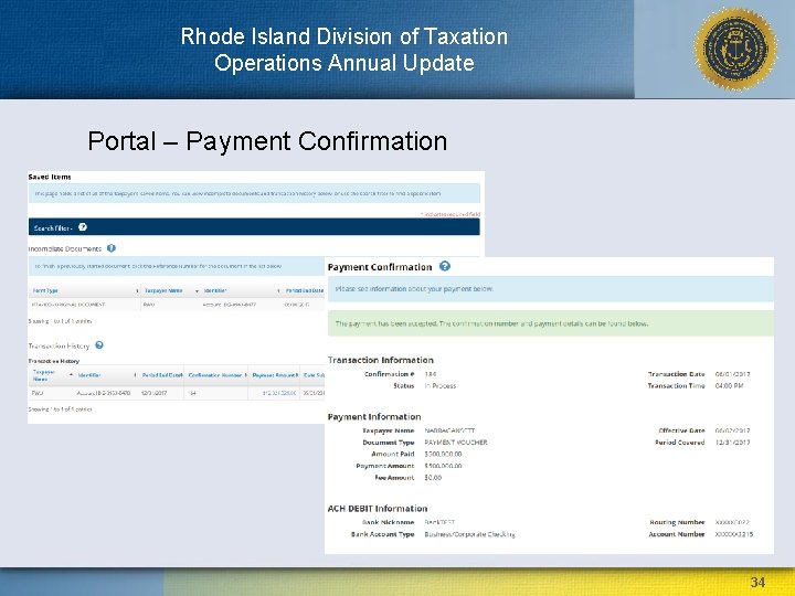 Rhode Island Division of Taxation Operations Annual Update Portal – Payment Confirmation 34 