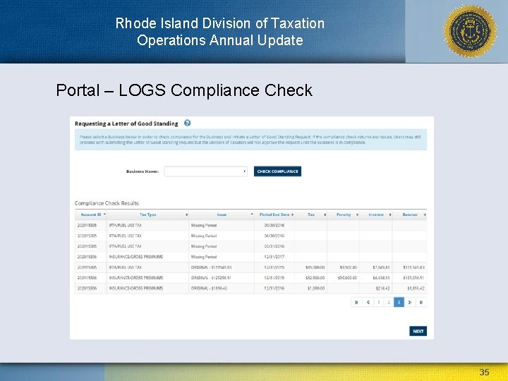 Rhode Island Division of Taxation Operations Annual Update Portal – LOGS Compliance Check 35