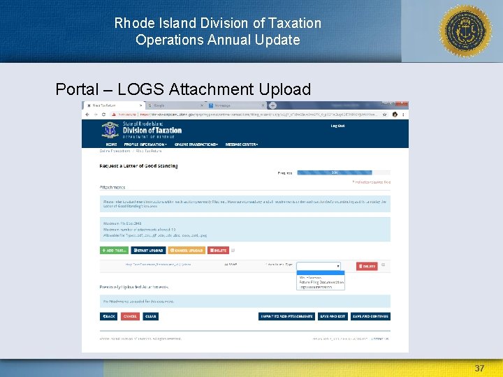 Rhode Island Division of Taxation Operations Annual Update Portal – LOGS Attachment Upload 37