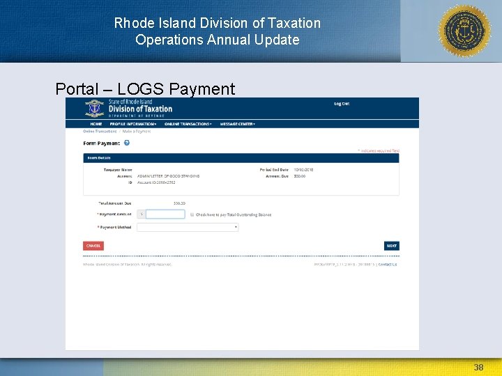 Rhode Island Division of Taxation Operations Annual Update Portal – LOGS Payment 38 