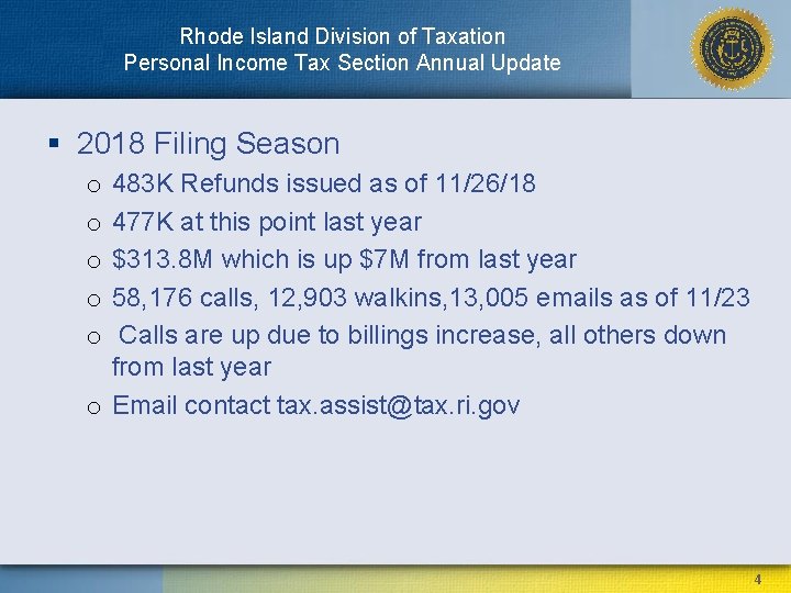 Rhode Island Division of Taxation Personal Income Tax Section Annual Update § 2018 Filing