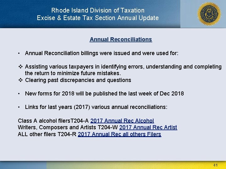 Rhode Island Division of Taxation Excise & Estate Tax Section Annual Update Annual Reconciliations