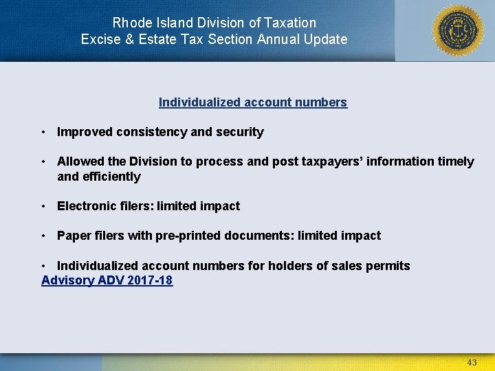 Rhode Island Division of Taxation Excise & Estate Tax Section Annual Update Individualized account