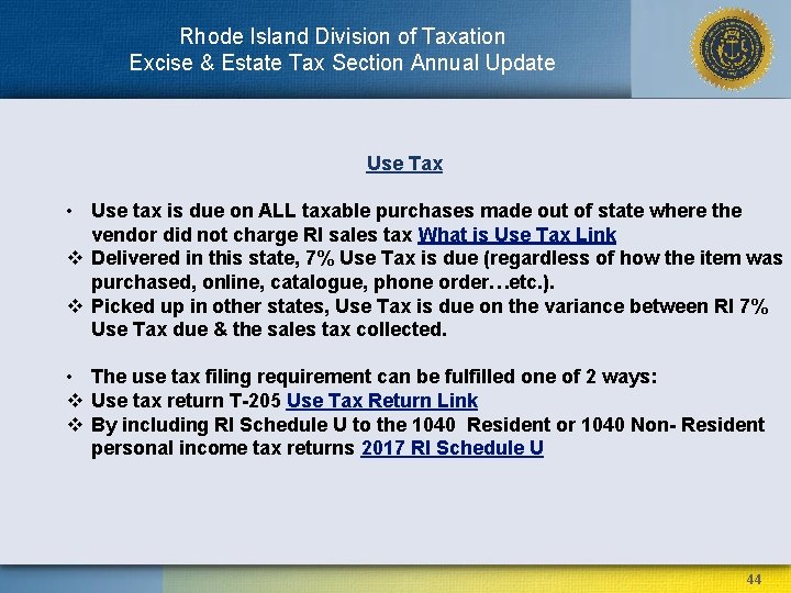 Rhode Island Division of Taxation Excise & Estate Tax Section Annual Update Use Tax
