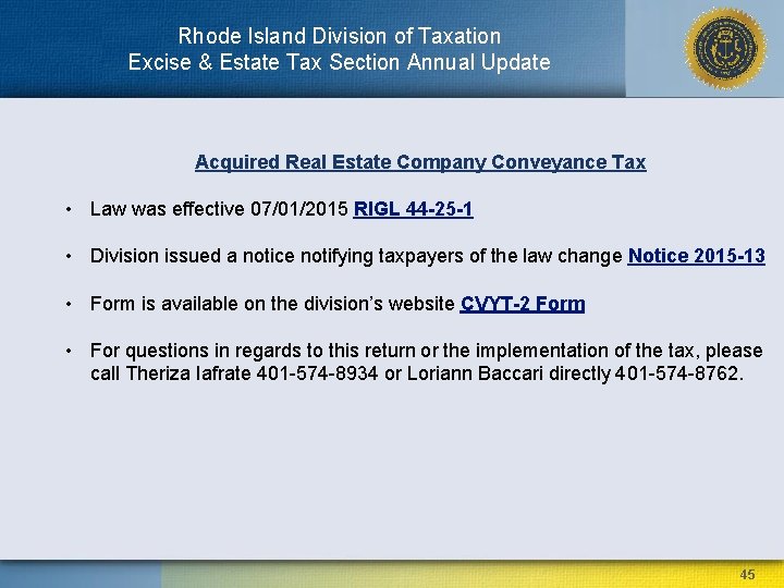 Rhode Island Division of Taxation Excise & Estate Tax Section Annual Update Acquired Real