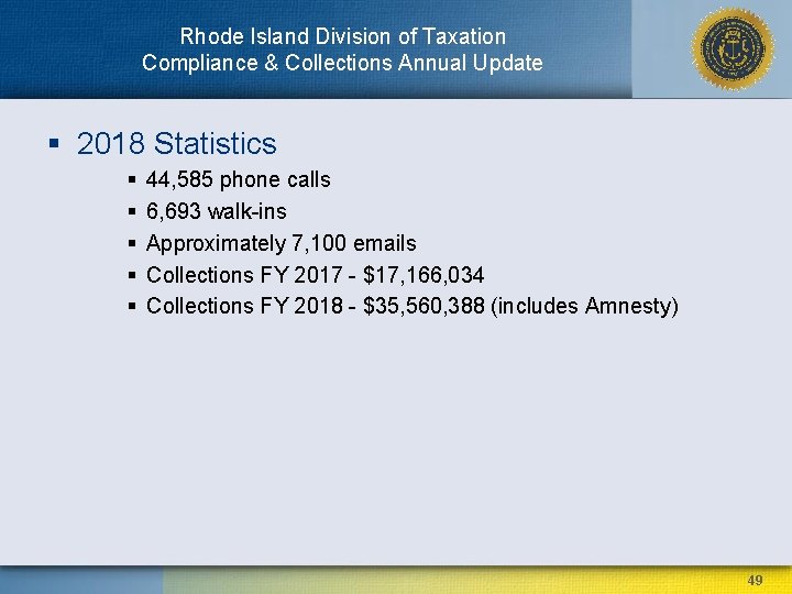 Rhode Island Division of Taxation Compliance & Collections Annual Update § 2018 Statistics §