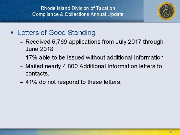 Rhode Island Division of Taxation Compliance & Collections Annual Update § Letters of Good