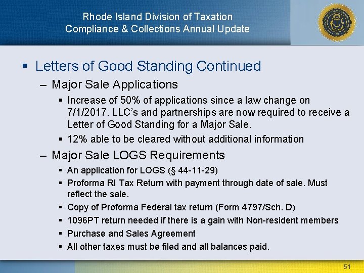 Rhode Island Division of Taxation Compliance & Collections Annual Update § Letters of Good