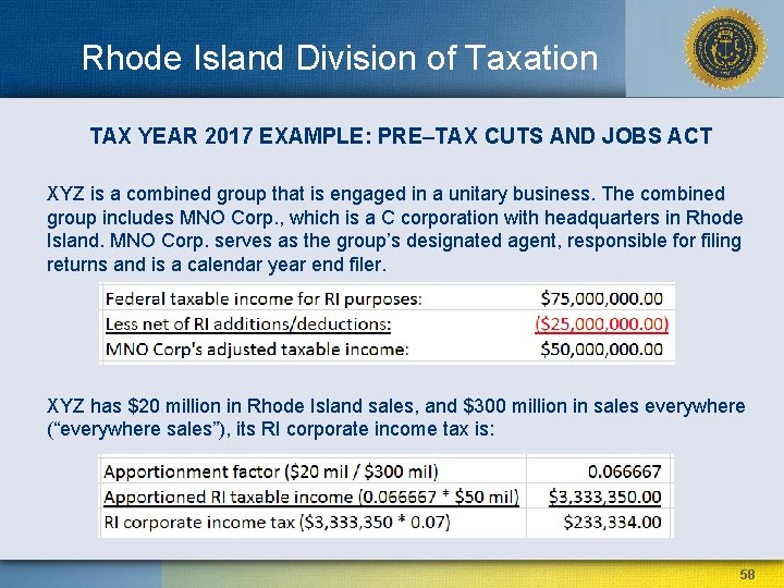 Rhode Island Division of Taxation TAX YEAR 2017 EXAMPLE: PRE–TAX CUTS AND JOBS ACT