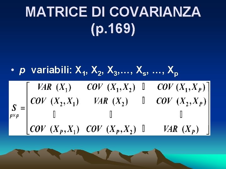 MATRICE DI COVARIANZA (p. 169) • p variabili: X 1, X 2, X 3,