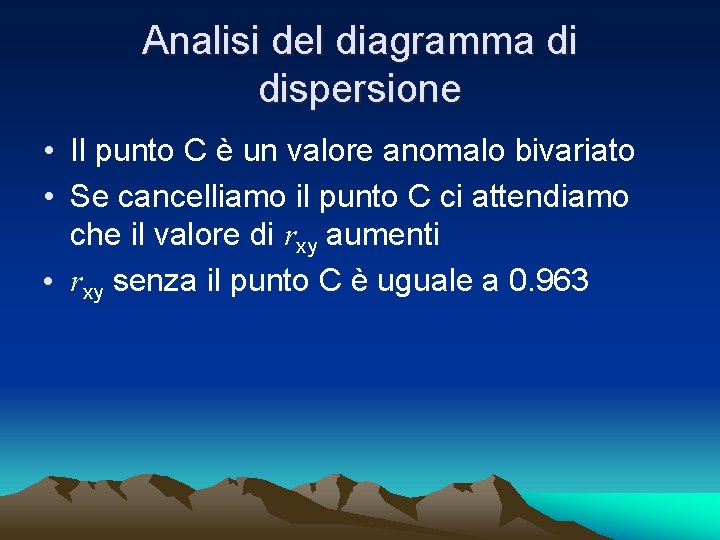 Analisi del diagramma di dispersione • Il punto C è un valore anomalo bivariato