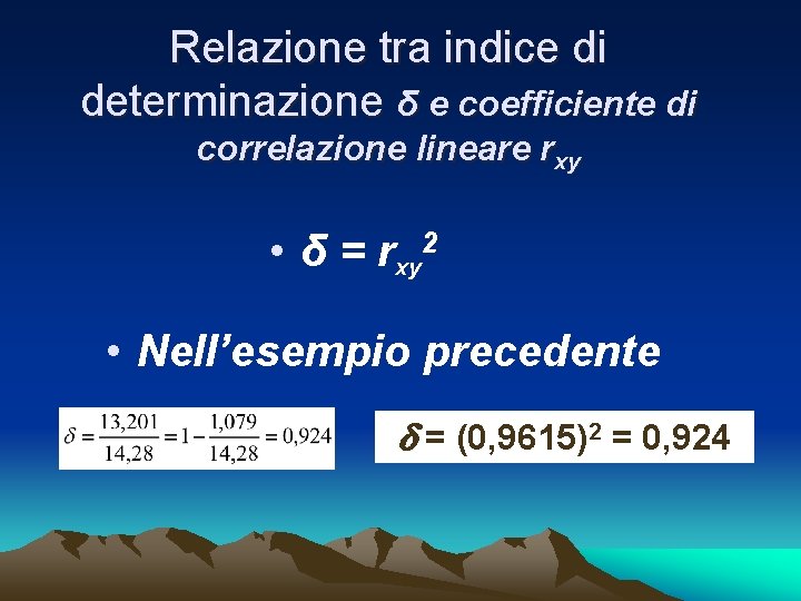 Relazione tra indice di determinazione δ e coefficiente di correlazione lineare rxy • δ