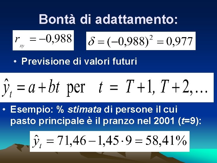 Bontà di adattamento: • Previsione di valori futuri • Esempio: % stimata di persone