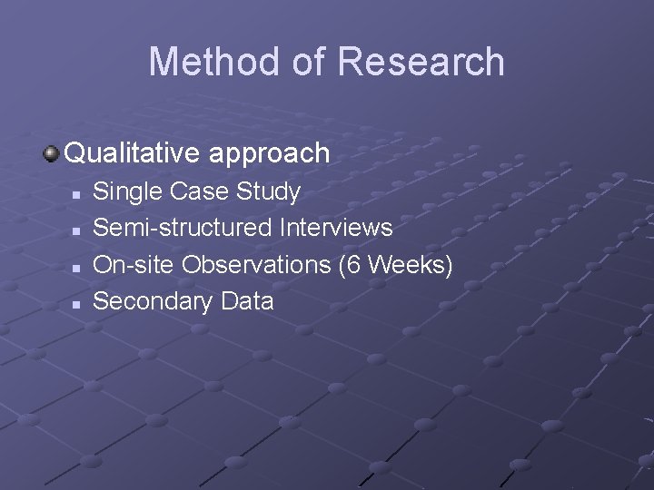 Method of Research Qualitative approach n n Single Case Study Semi-structured Interviews On-site Observations Method of Research Qualitative approach n n Single Case Study Semi-structured Interviews On-site Observations