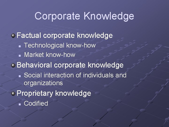 Corporate Knowledge Factual corporate knowledge n n Technological know-how Market know-how Behavioral corporate knowledge Corporate Knowledge Factual corporate knowledge n n Technological know-how Market know-how Behavioral corporate knowledge