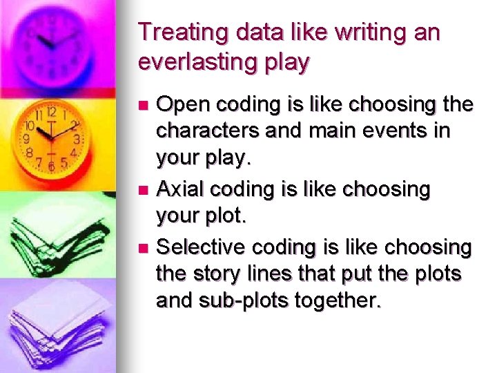 Treating data like writing an everlasting play Open coding is like choosing the characters