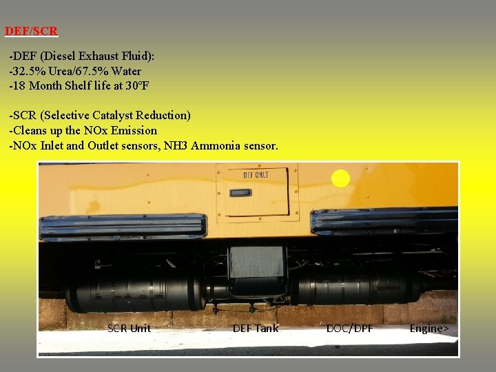DEF/SCR -DEF (Diesel Exhaust Fluid): -32. 5% Urea/67. 5% Water -18 Month Shelf life DEF/SCR -DEF (Diesel Exhaust Fluid): -32. 5% Urea/67. 5% Water -18 Month Shelf life