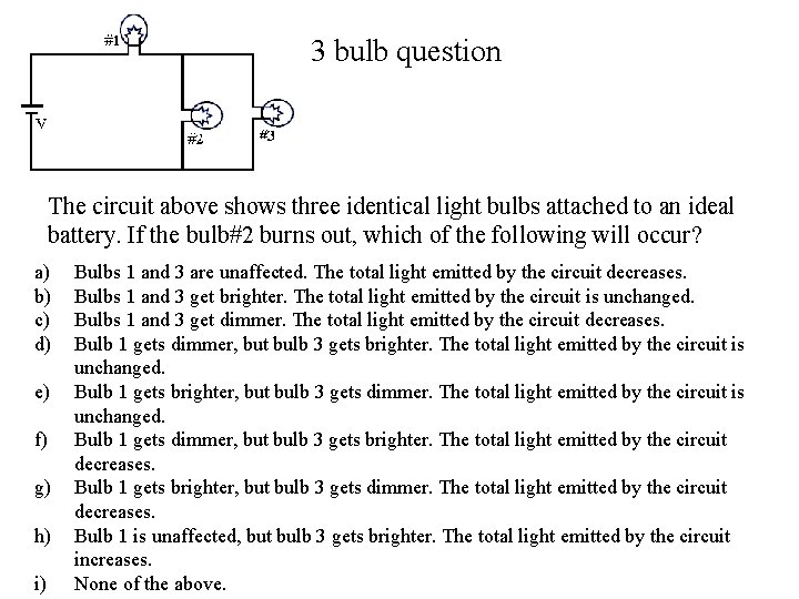 3 bulb question The circuit above shows three identical light bulbs attached to an
