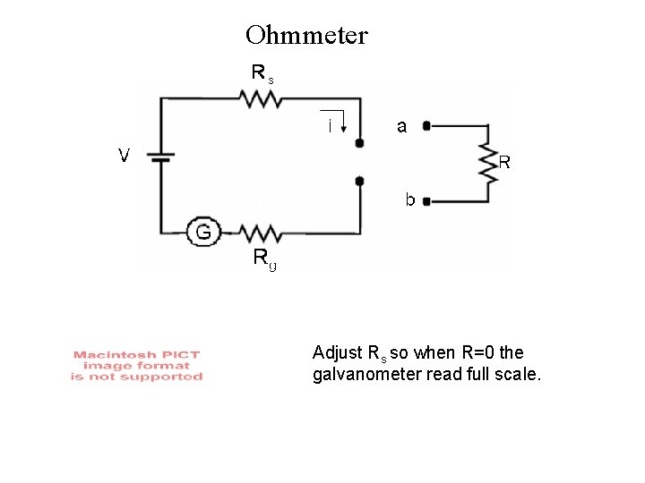 Ohmmeter Adjust Rs so when R=0 the galvanometer read full scale. 