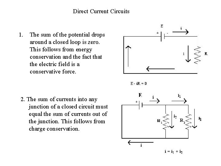Direct Current Circuits 1. The sum of the potential drops around a closed loop