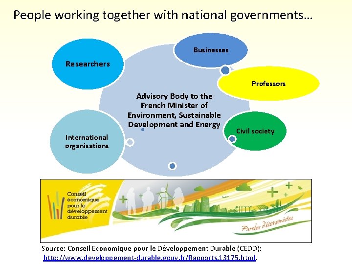 People working together with national governments… Businesses Researchers Professors Advisory Body to the French